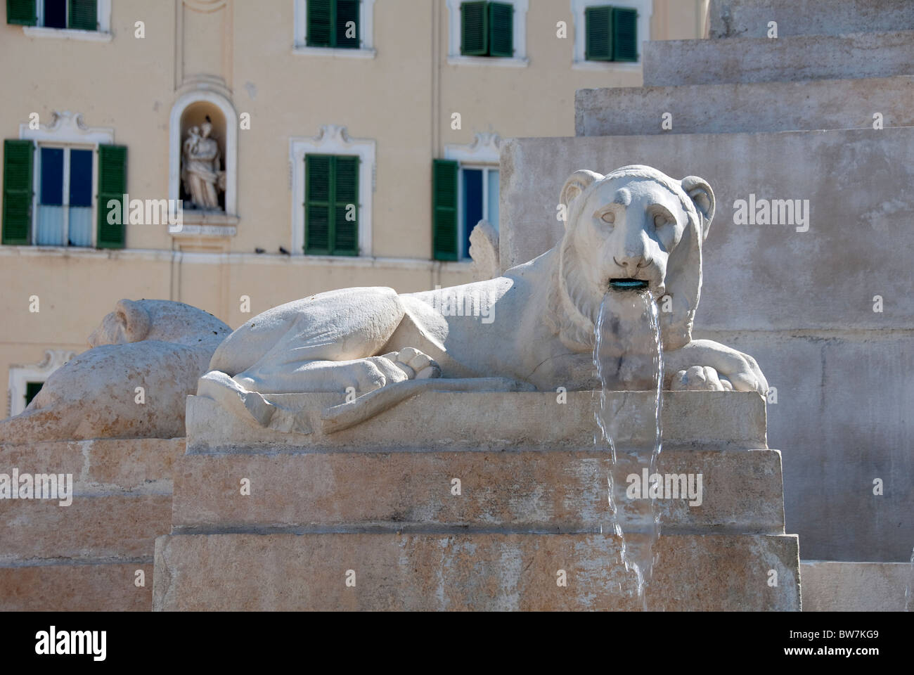 Stone lion fountain in the Piazza Federico II, Jesi, Le Marche, Italy Stock Photo