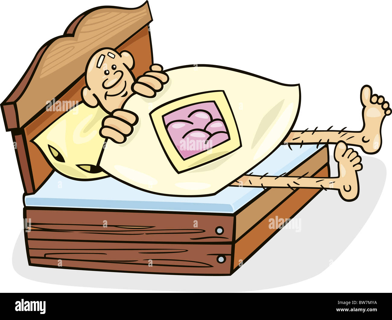 Cartoon illustration of man in too short bed Stock Photo Alamy