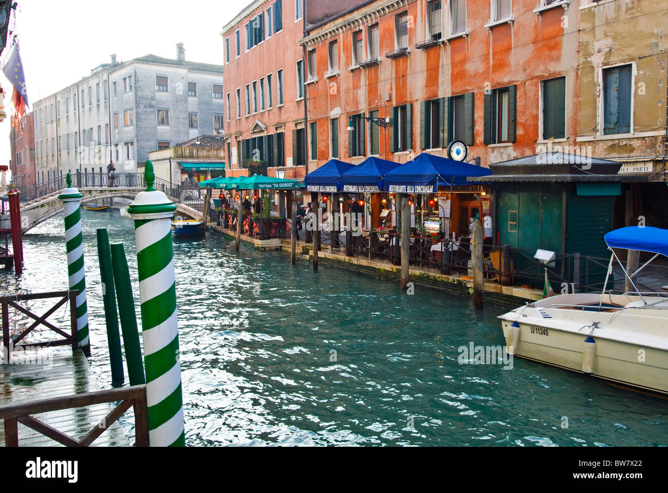 Restaurants by the water's edge on the Rio di Greci canal, Venice