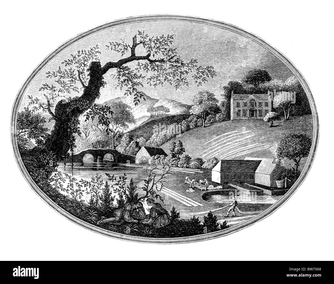 The Linen Industry in the 18th Century; Wet and Dry Bleaching at Bleach Mill; Black and White Illustration; Stock Photo