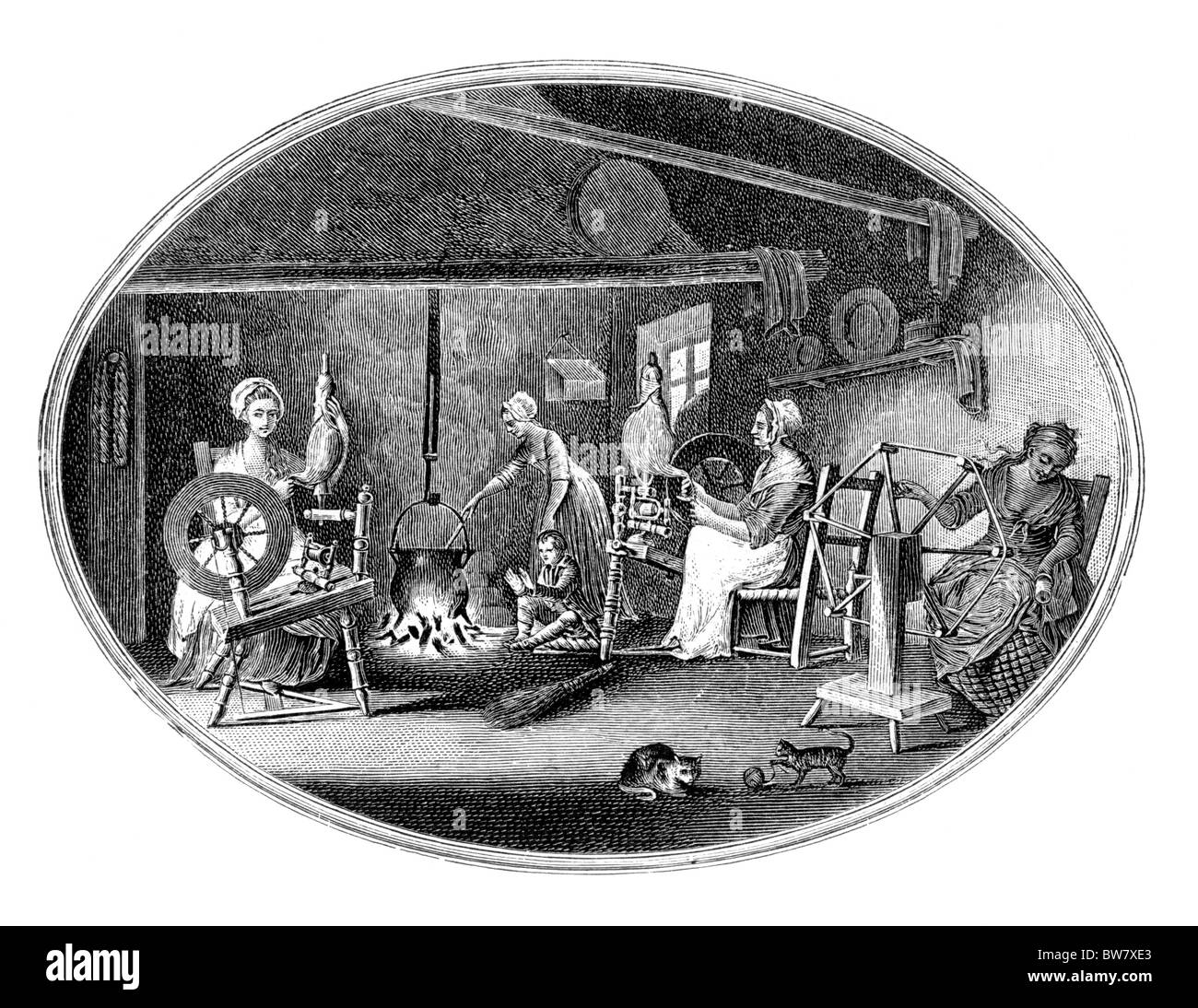 The Linen Industry in the 18th Century; Spinning, Reeling with the clock reel and Boiling Yarn; Black and White Illustration; Stock Photo
