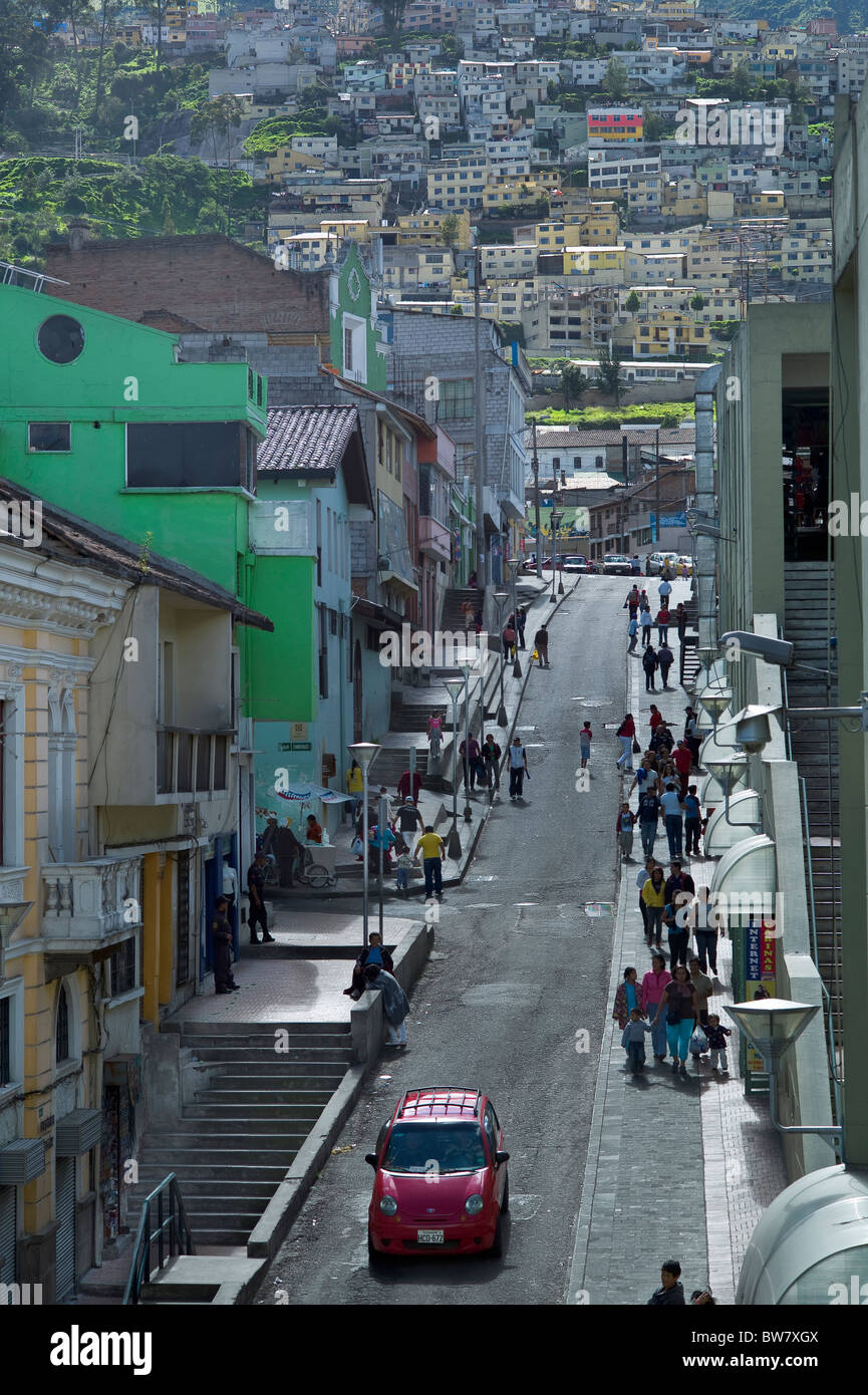 Street going up hill, houses, Quito, Ecuador Stock Photo