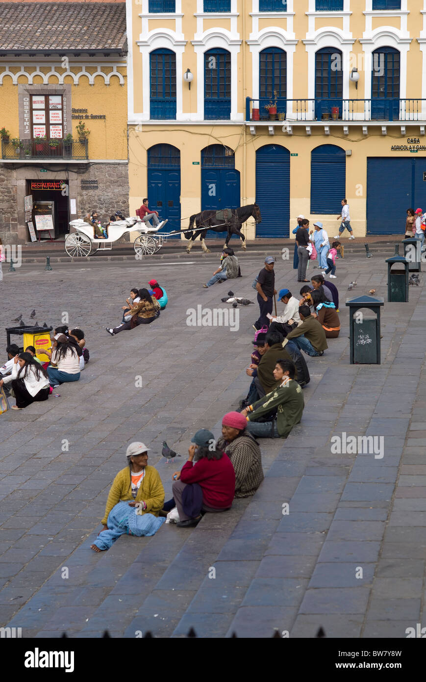 Plaza San Francisco, people relaxing, Quito, Ecuador Stock Photo