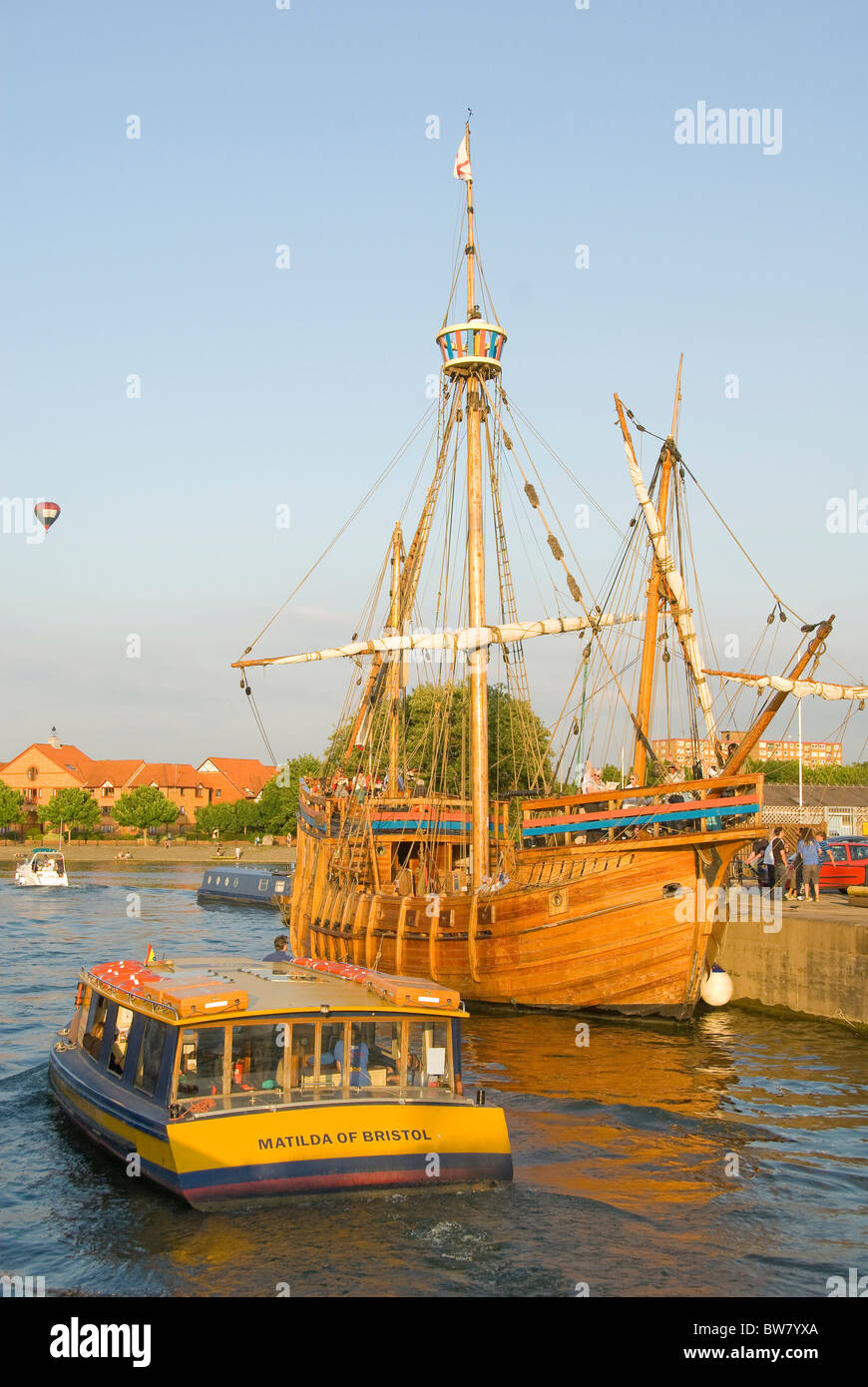 Historic sailing ship Matthew of Bristol and harbour ferry, floating harbour, Bristol, England, UK Stock Photo