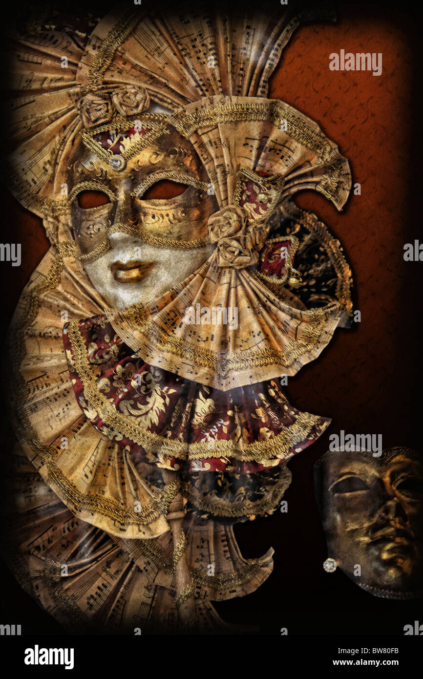 Venetian mask with gold ornaments on red background Stock Photo - Alamy