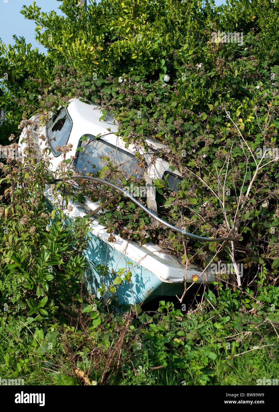 Overgrown boat at Westward Ho! Devon UK Stock Photo