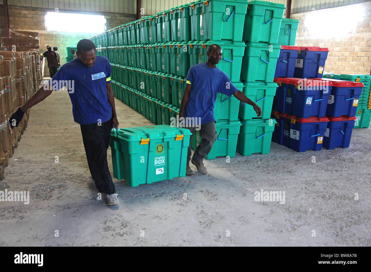 Shelterboxes an aid warehouse, Port au Prince, Haiti Stock Photo