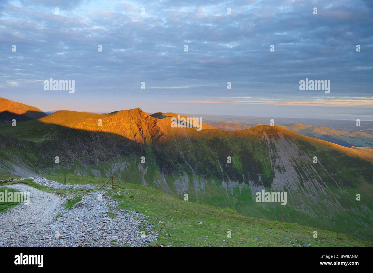 Dawn summer sunlight on Hopegill Head in the English Lake District Stock Photo