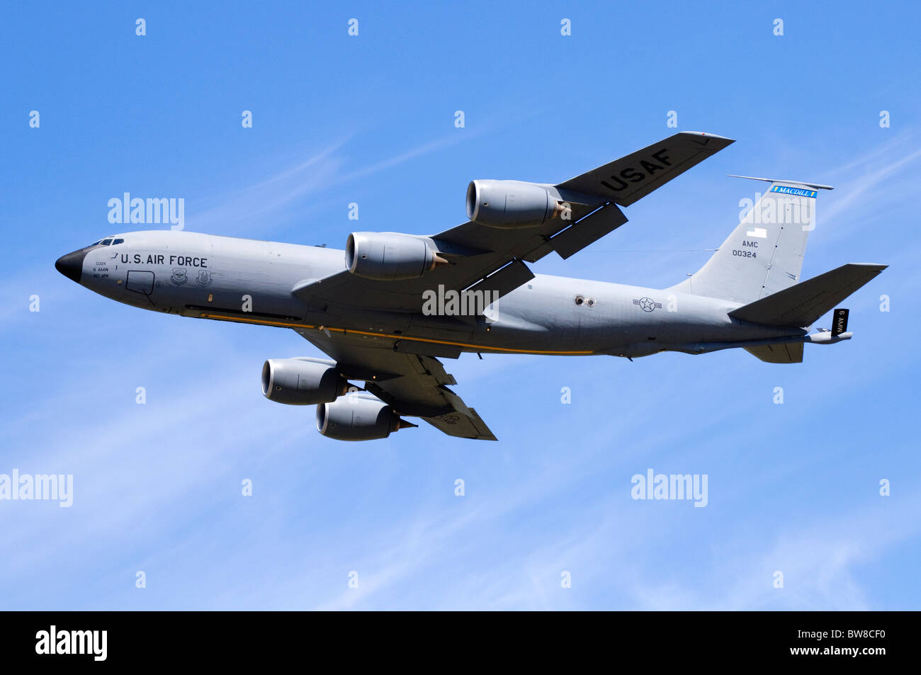 Boeing KC-135R Stratotanker operated by the US Air Force climbing out from take off after from RAF Fairford Stock Photo