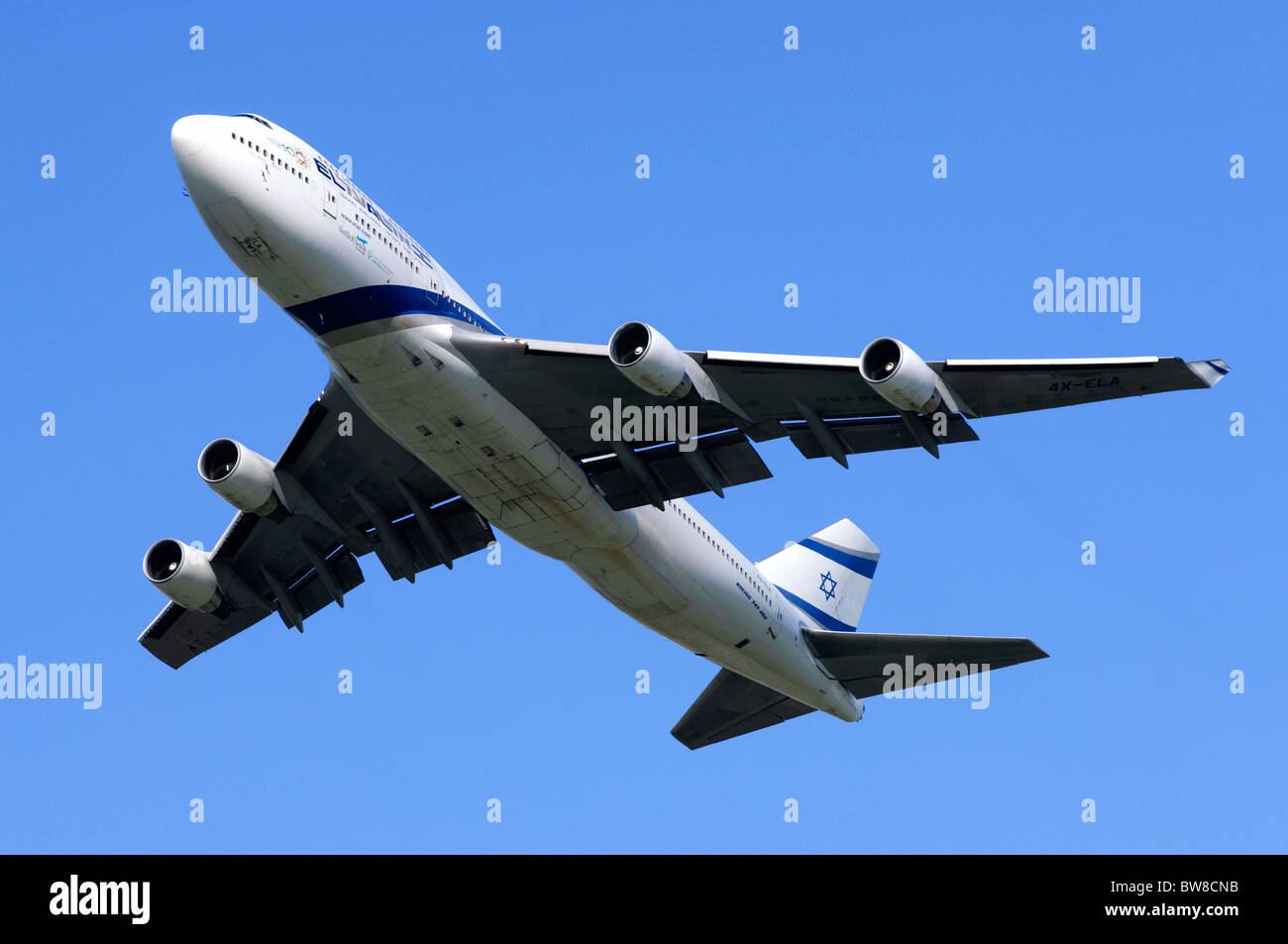 Boeing 747 operated by El Al climbing out from take off at London Heathrow Airport Stock Photo