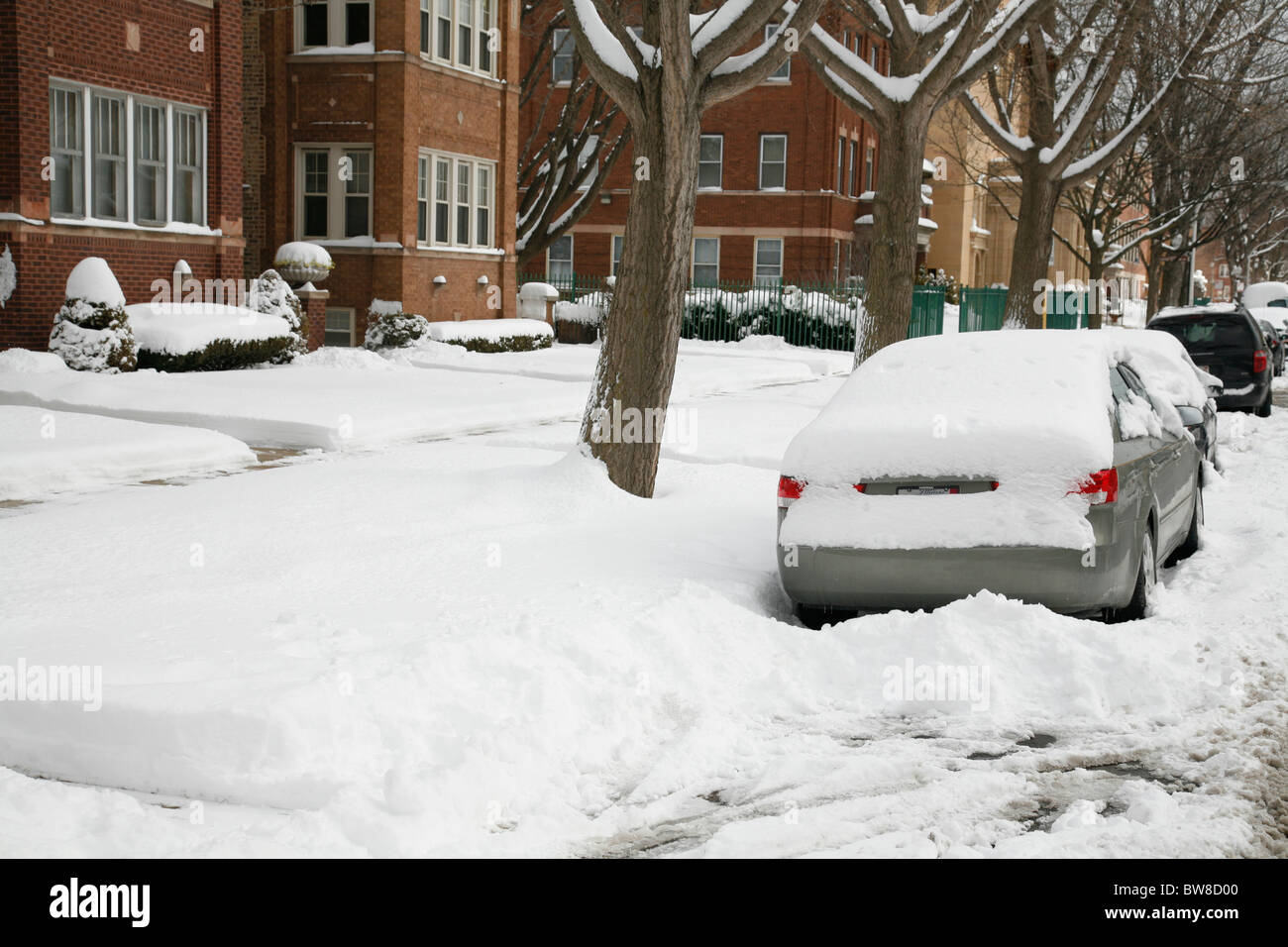 snow surrounds and covers cars parked on a plowed city side street in ...