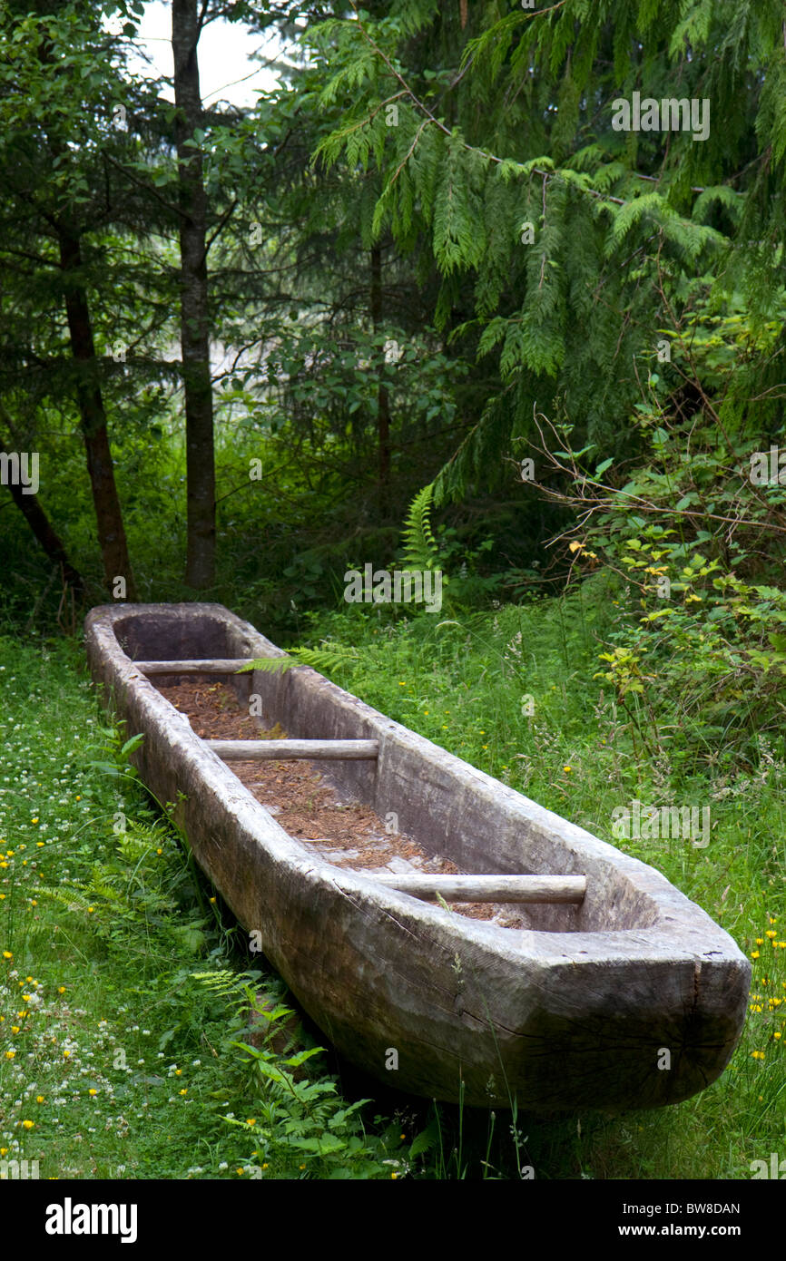 Replica of a dugout canoe at Fort Clatsop National Memorial near Astoria, Oregon, USA. Stock Photo