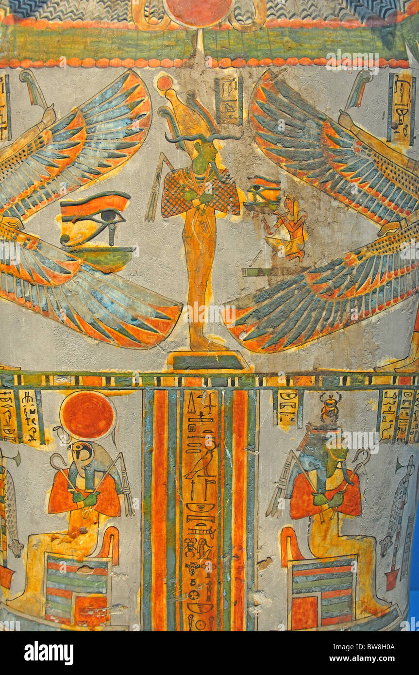 Egyptian hieroglyphs on coffin, The British Museum, Great Russell Street, Bloomsbury, Greater London, England, United Kingdom Stock Photo