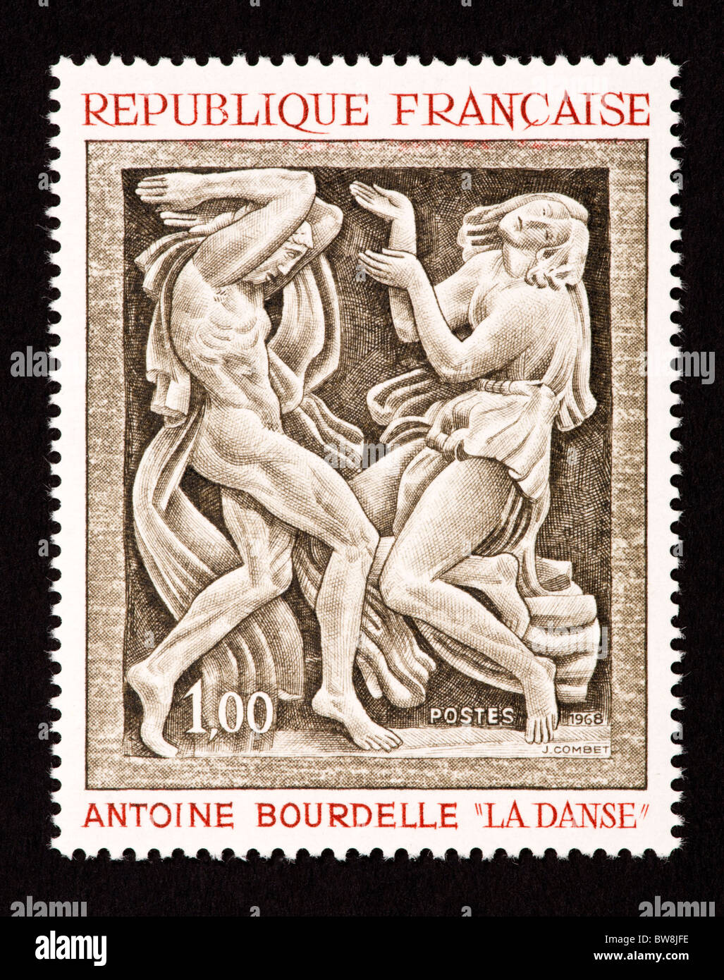 Postage stamp from France depicting sculpture of 'The Dance' by Emile Antoine Bourdelle. Stock Photo