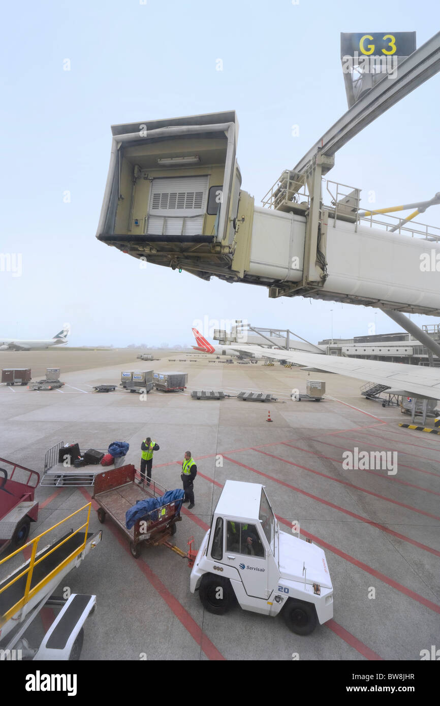 Baggage luggage handling loading for the US at Amsterdam Schiphol Airport under jetway. Cargo Jettainers in the background. Stock Photo