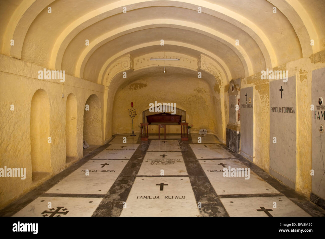 The crypt under the conventual church of the Capuchin Convent in Gozo in Malta. Stock Photo