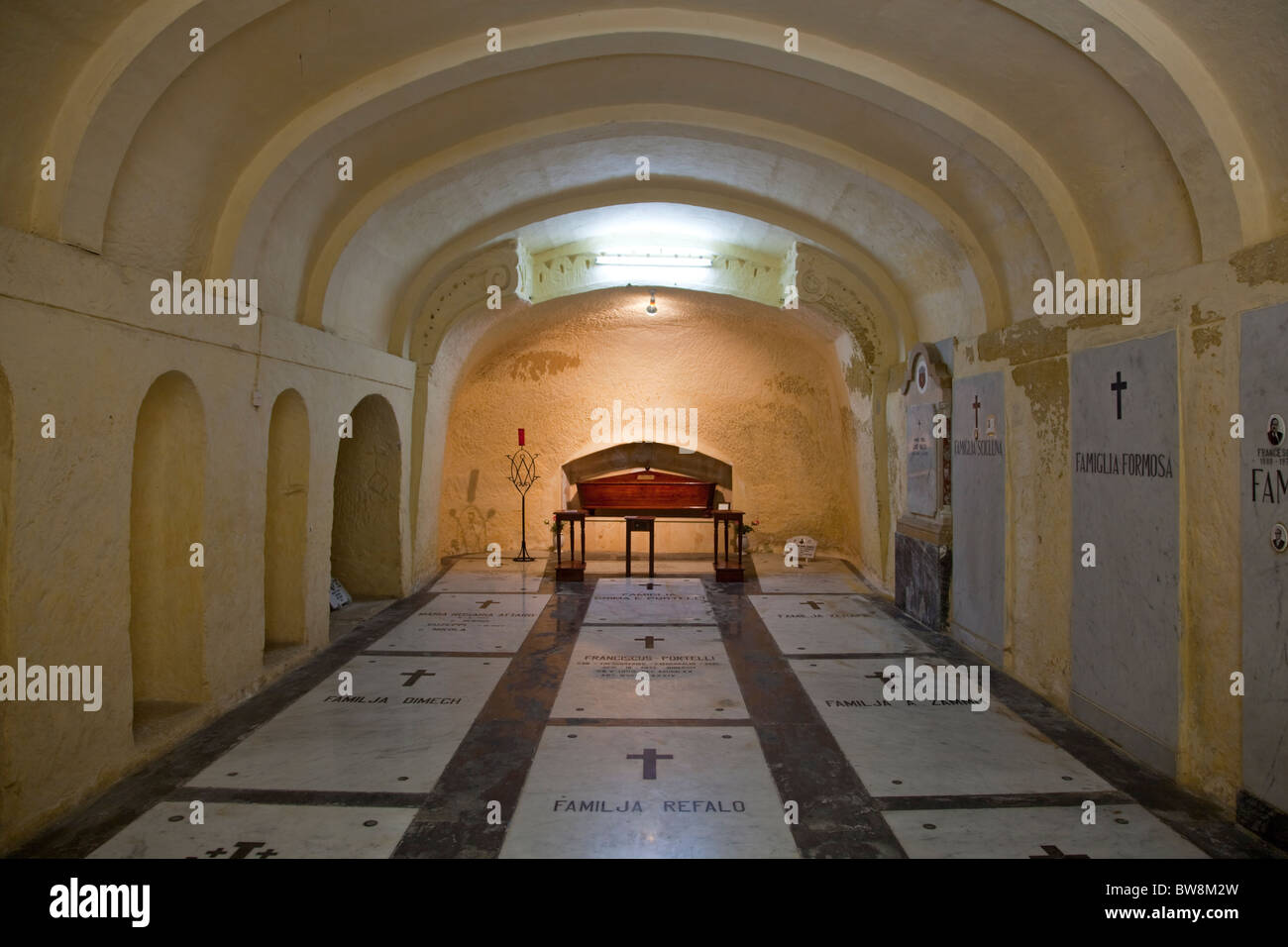 The crypt under the conventual church of the Capuchin Convent in Gozo in Malta. Stock Photo