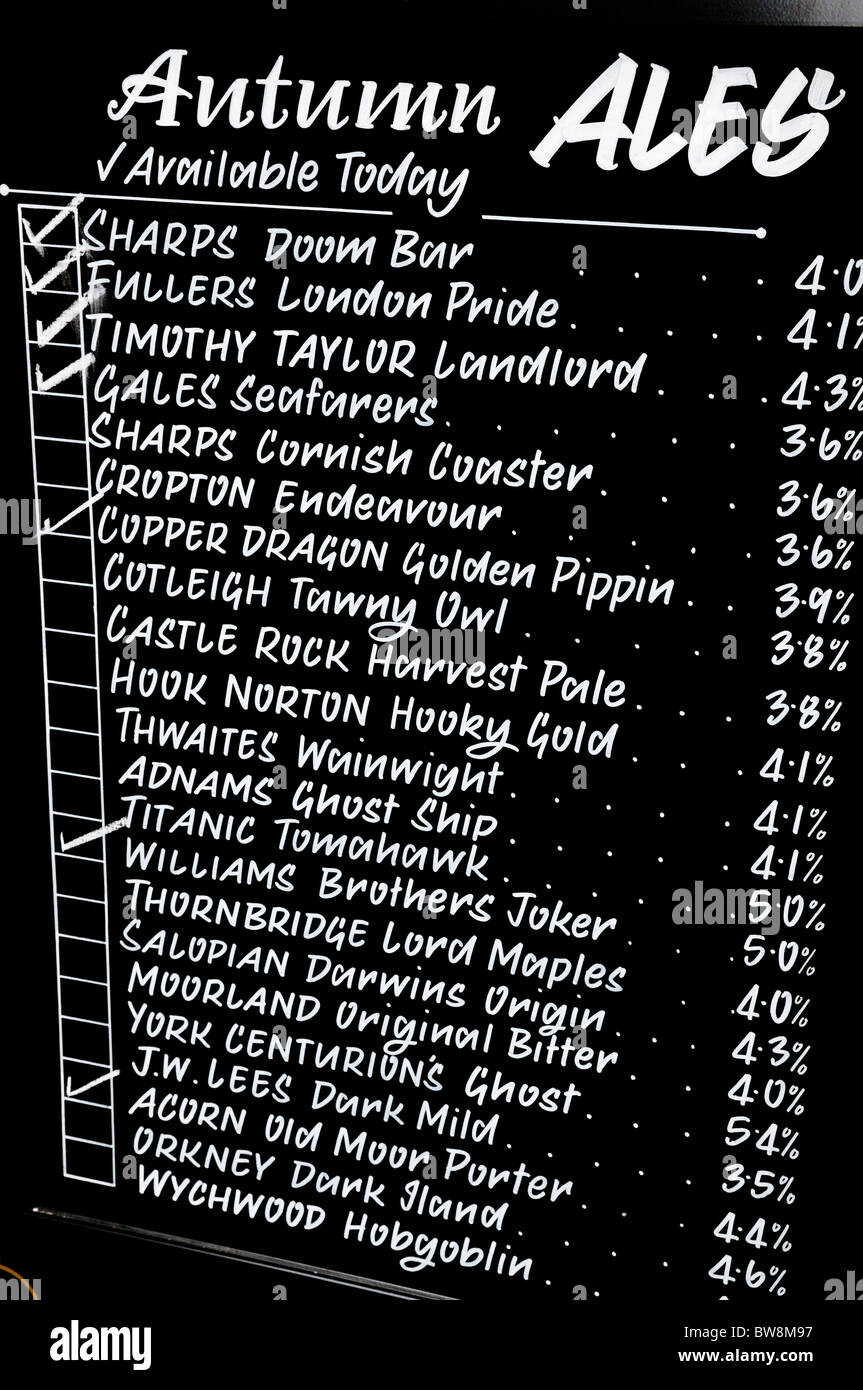 List of ales written on blackboard Stock Photo