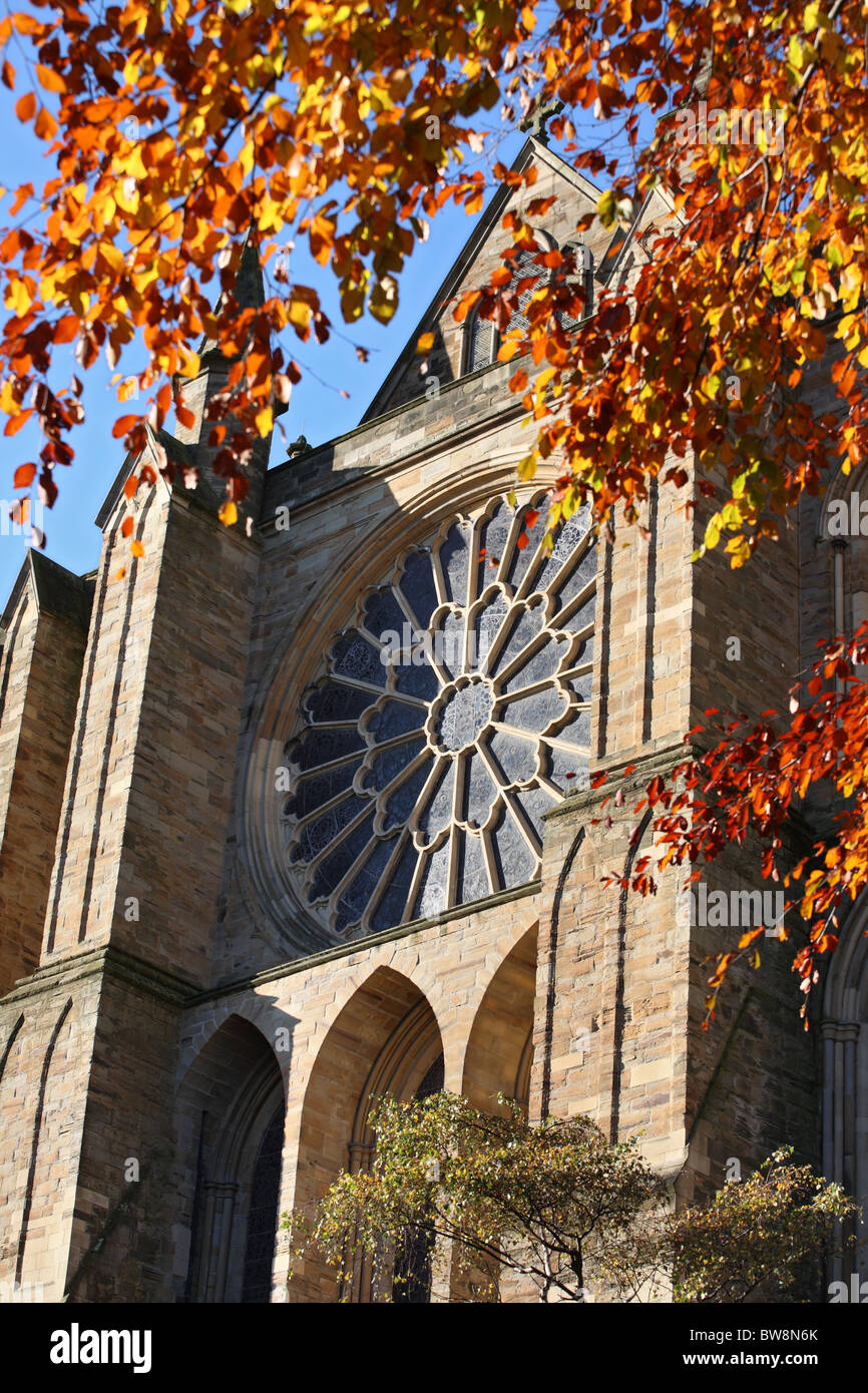 The east or rose window of Durham cathedral seen framed by colourful
