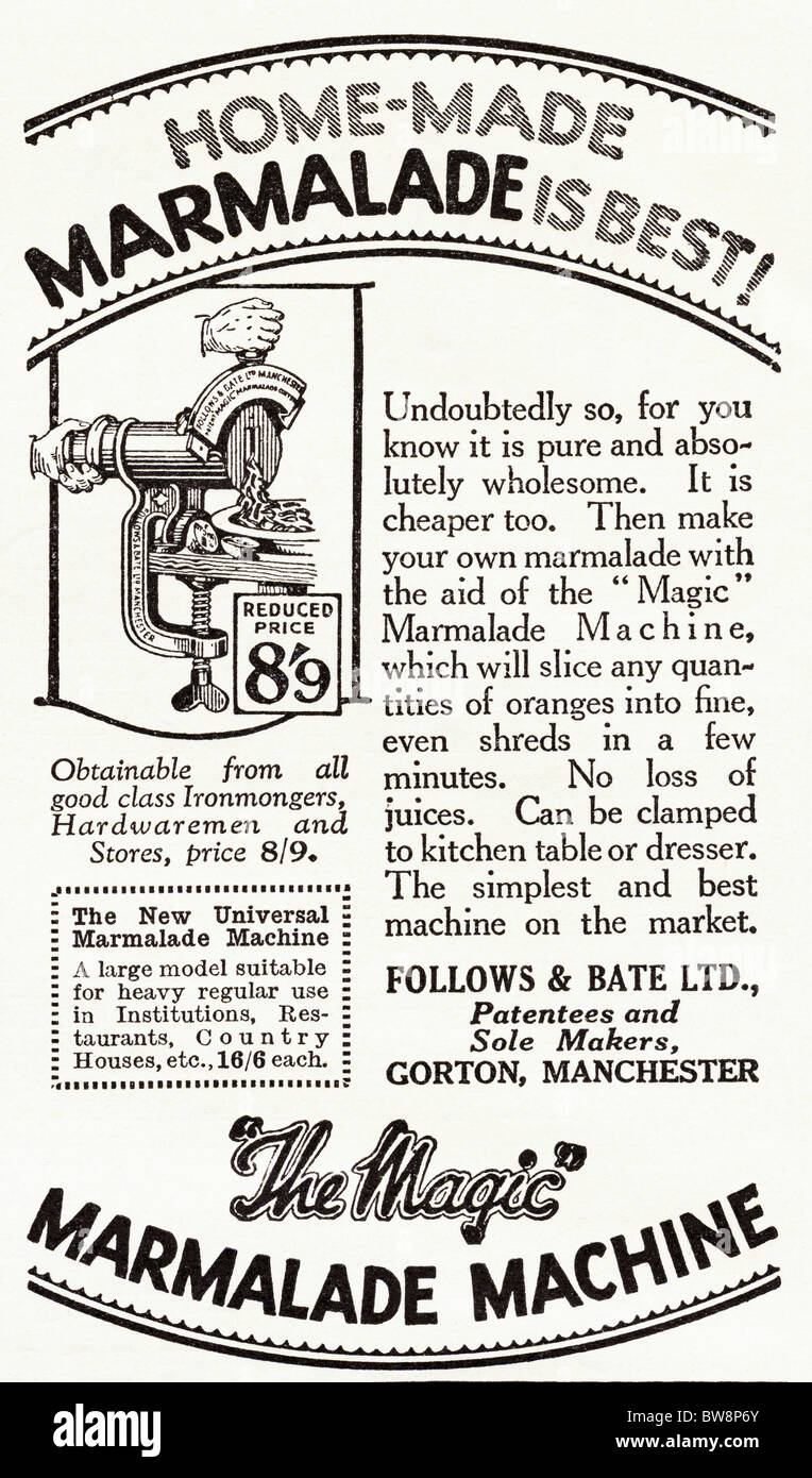 Advertisement for Marmalade machine in English magazine dated 1928 Stock Photo
