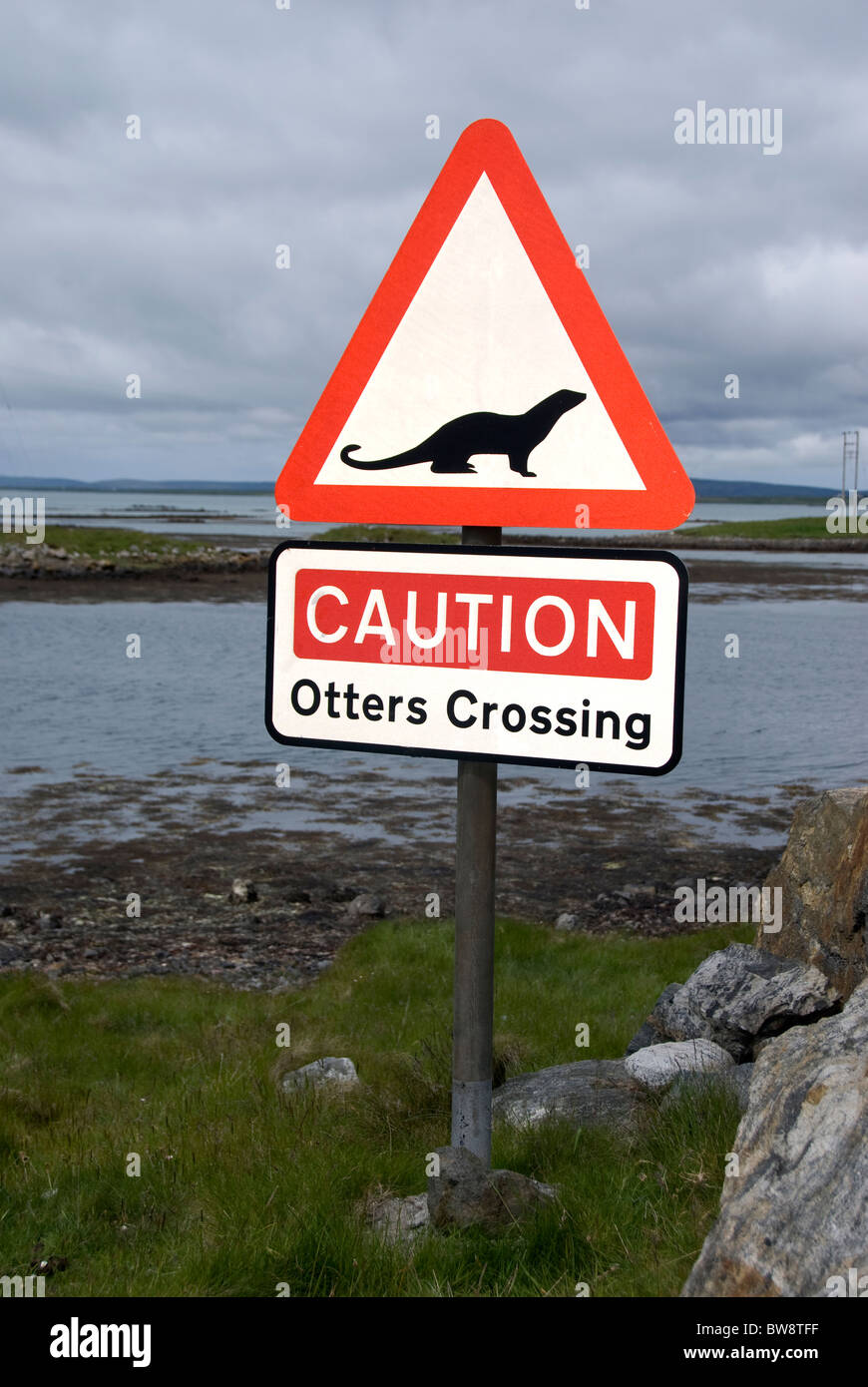 Hebridean Causway road sign warning motorists to watch out for Otters  SCO 6491 Stock Photo