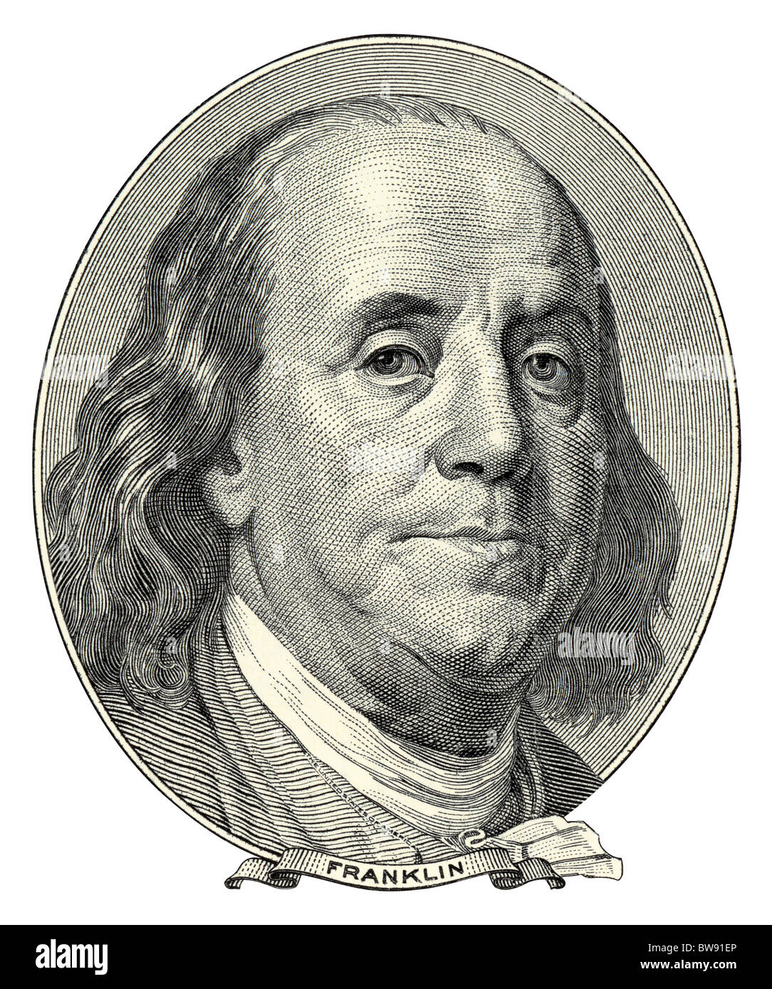 Portrait of Benjamin Franklin as he looks on one hundred dollar bill obverse. NATIVE SIZE NOT UPSCALE. Stock Photo