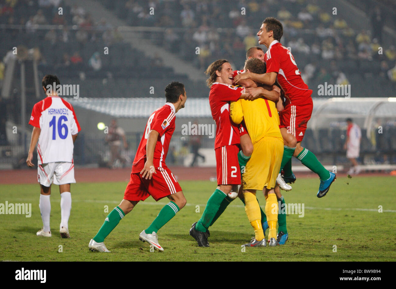 Hungary players celebrate after defeating Costa Rica on penalty kicks to win third place at the 2009 FIFA U-20 World Cup Stock Photo