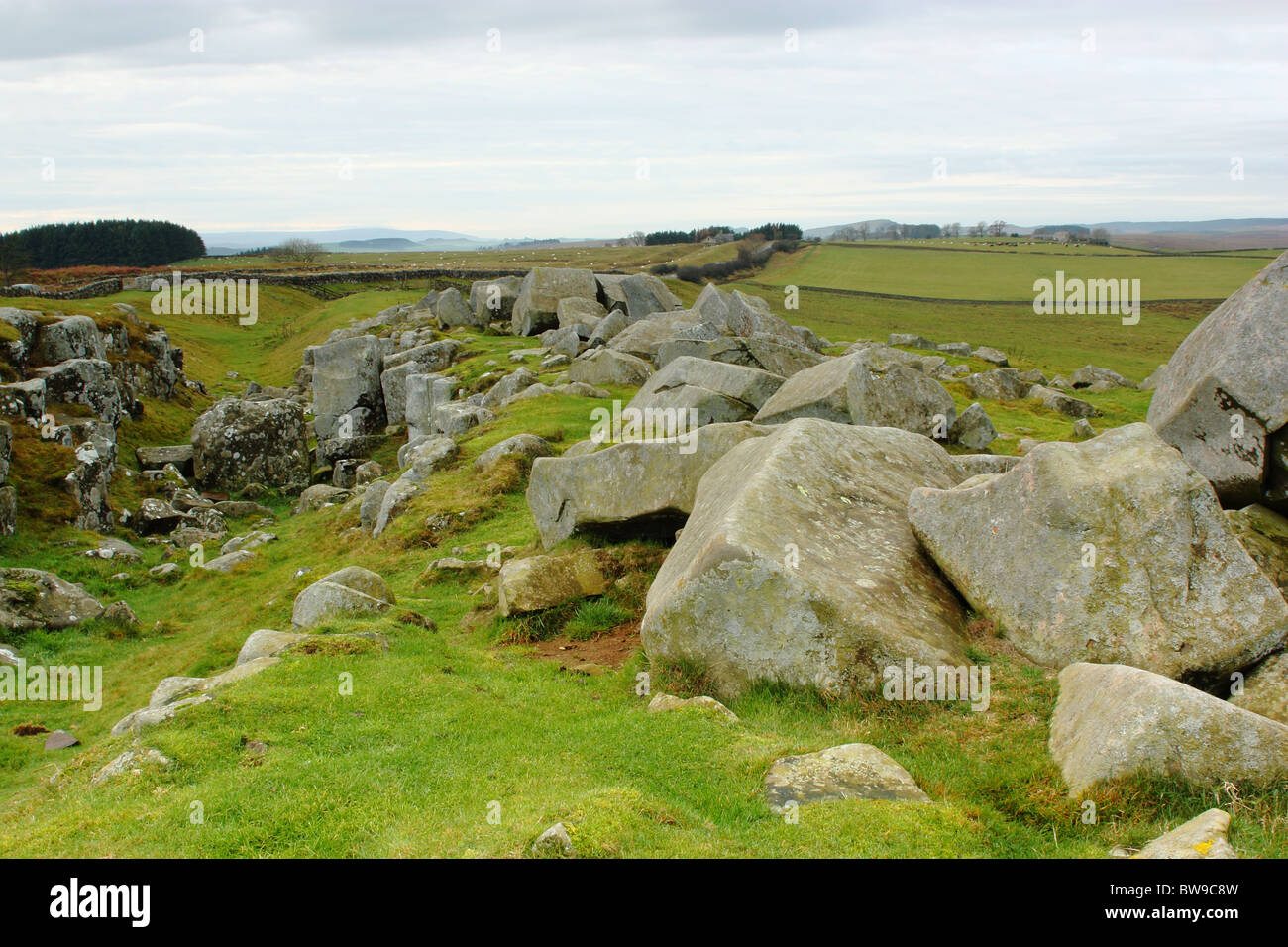 The historic Hadrians Wall pathway near Walwick, Northumberland, United ...