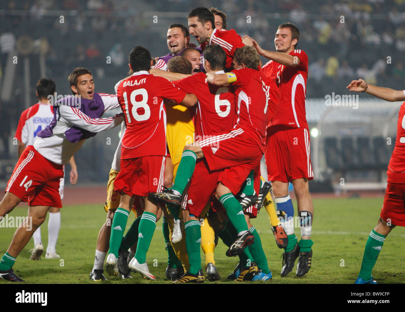 Hungary players celebrate after defeating Costa Rica on penalty kicks to win third place at the 2009 FIFA U-20 World Cup Stock Photo