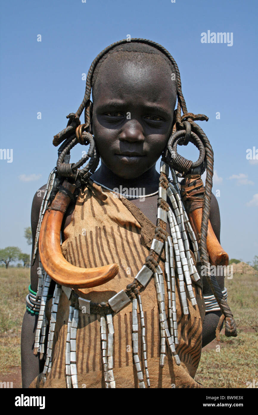 Mursi Tribe Girl, Omo Valley, Ethiopia Stock Photo