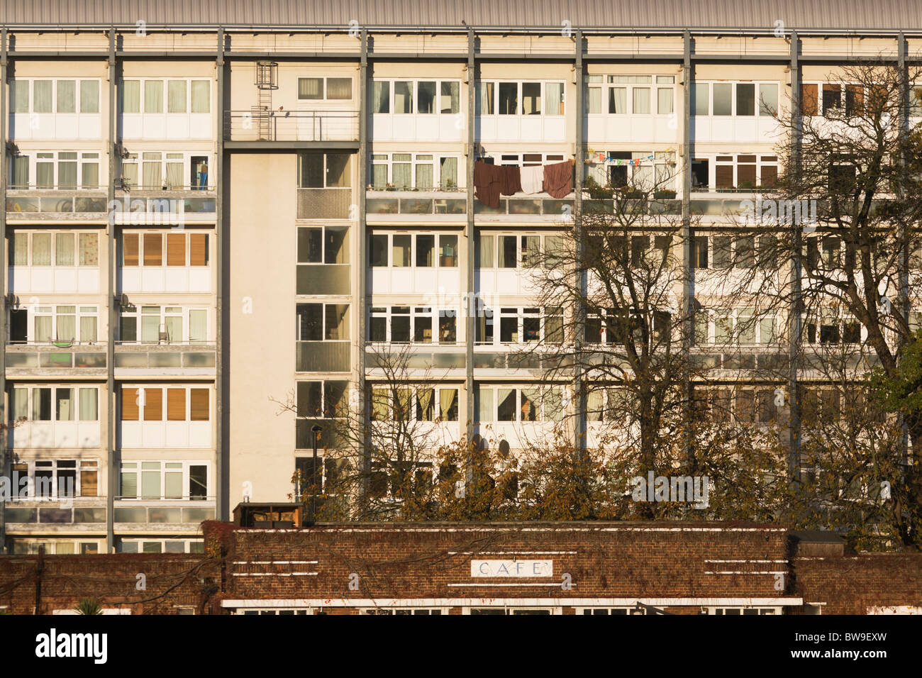 High-rise flats and Brixton Lido seen from Brockwell Park, Herne Hill, South London. Stock Photo