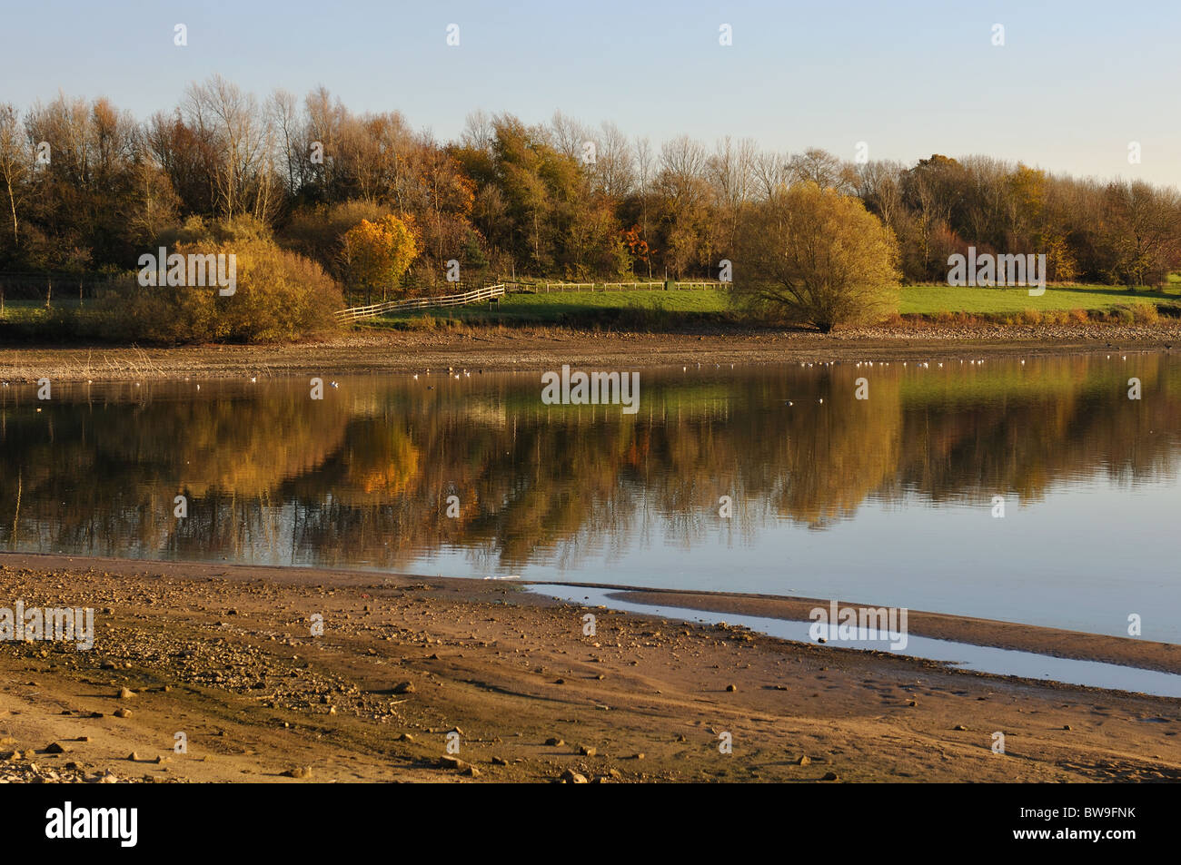 Draycote Water with low water level in autumn, Warwickshire, UK Stock Photo