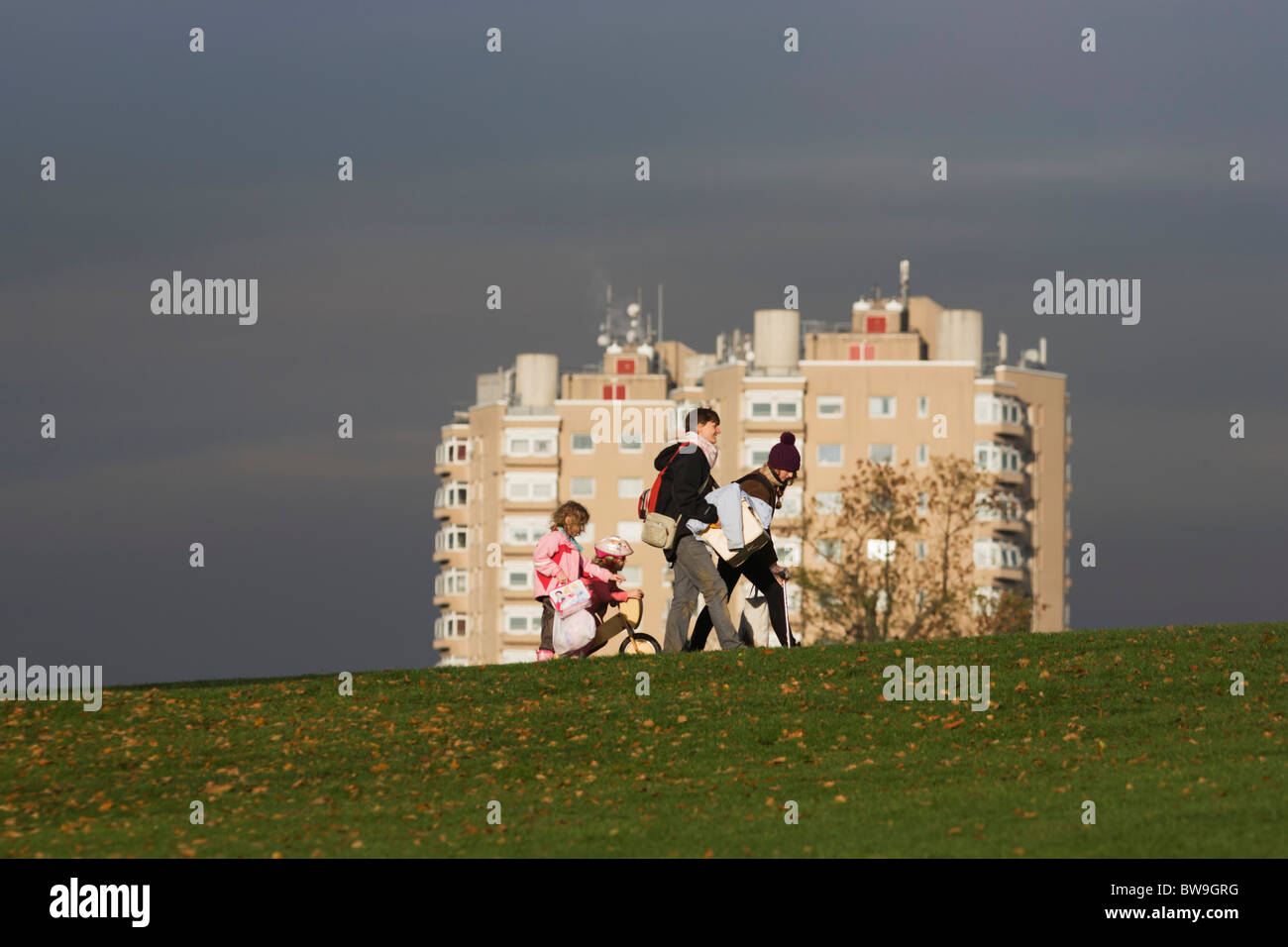 Local family and high-rise flats seen from Brockwell Park, Herne Hill, South London. Stock Photo