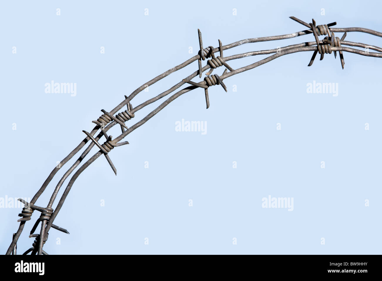 Closeup of several barbed wires put together over blue background