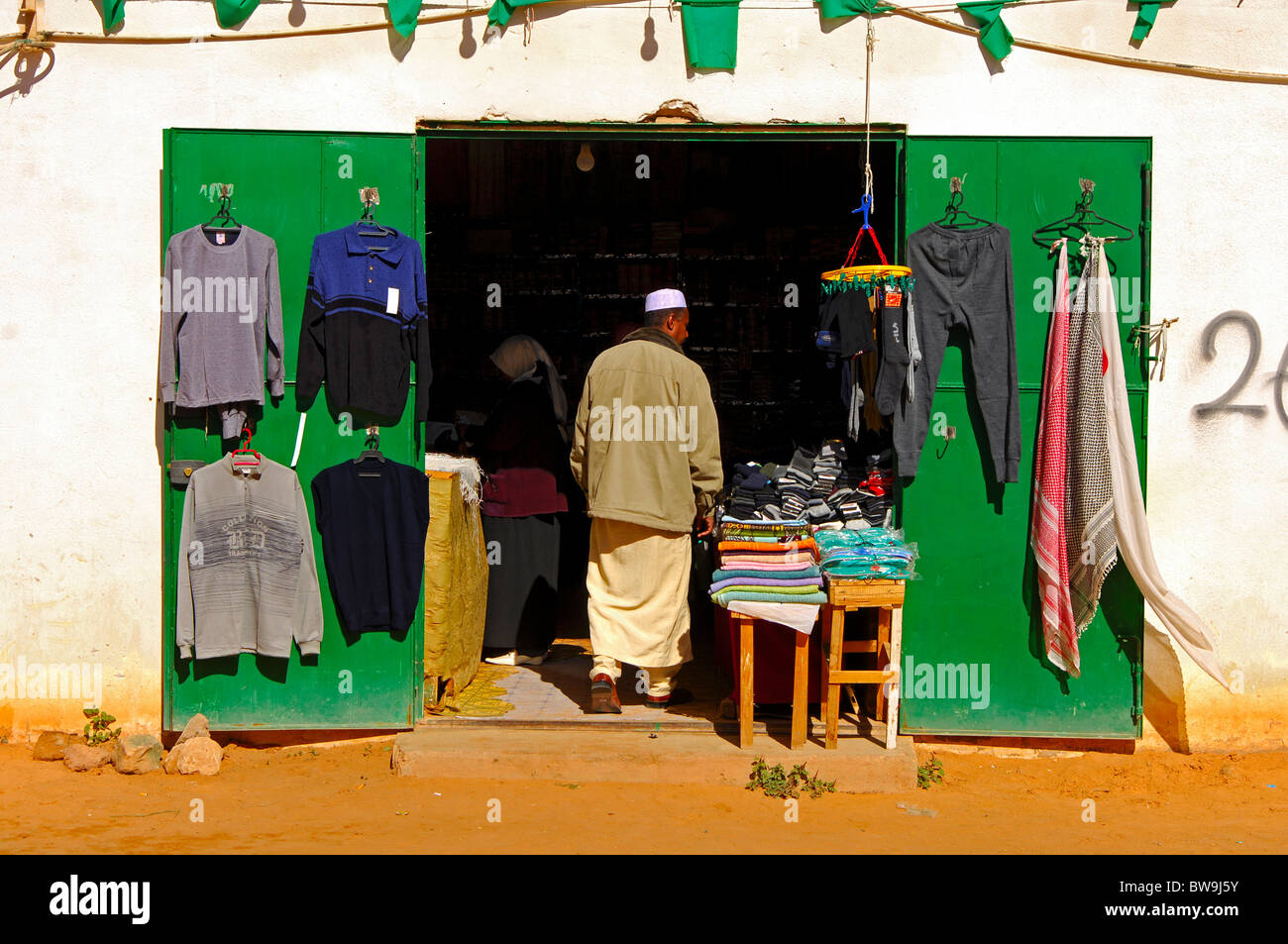 Retail shop for cloth in a street in the town centre of Jerma, Libya Stock Photo