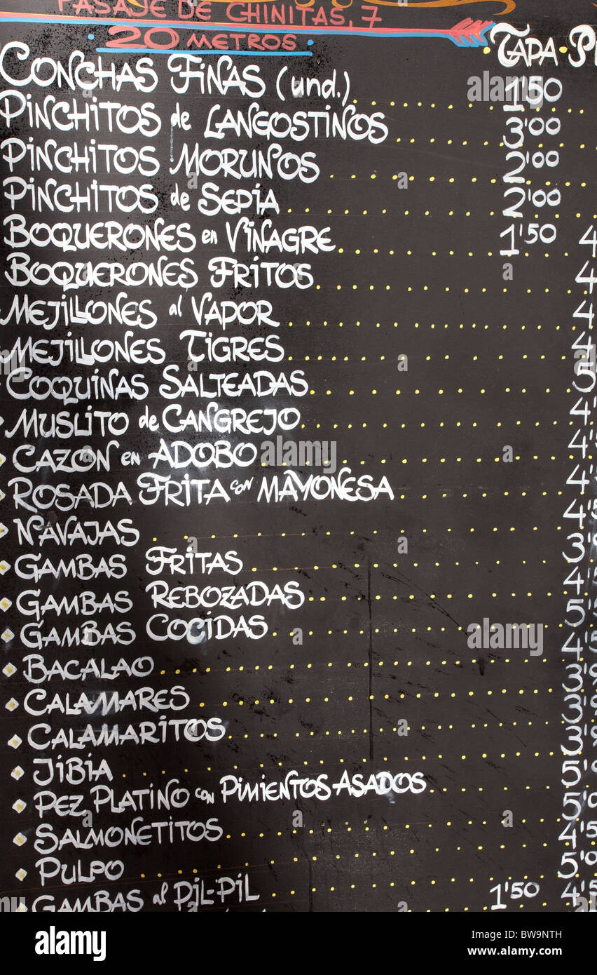 Tapas menu Malaga Spain Stock Photo Alamy