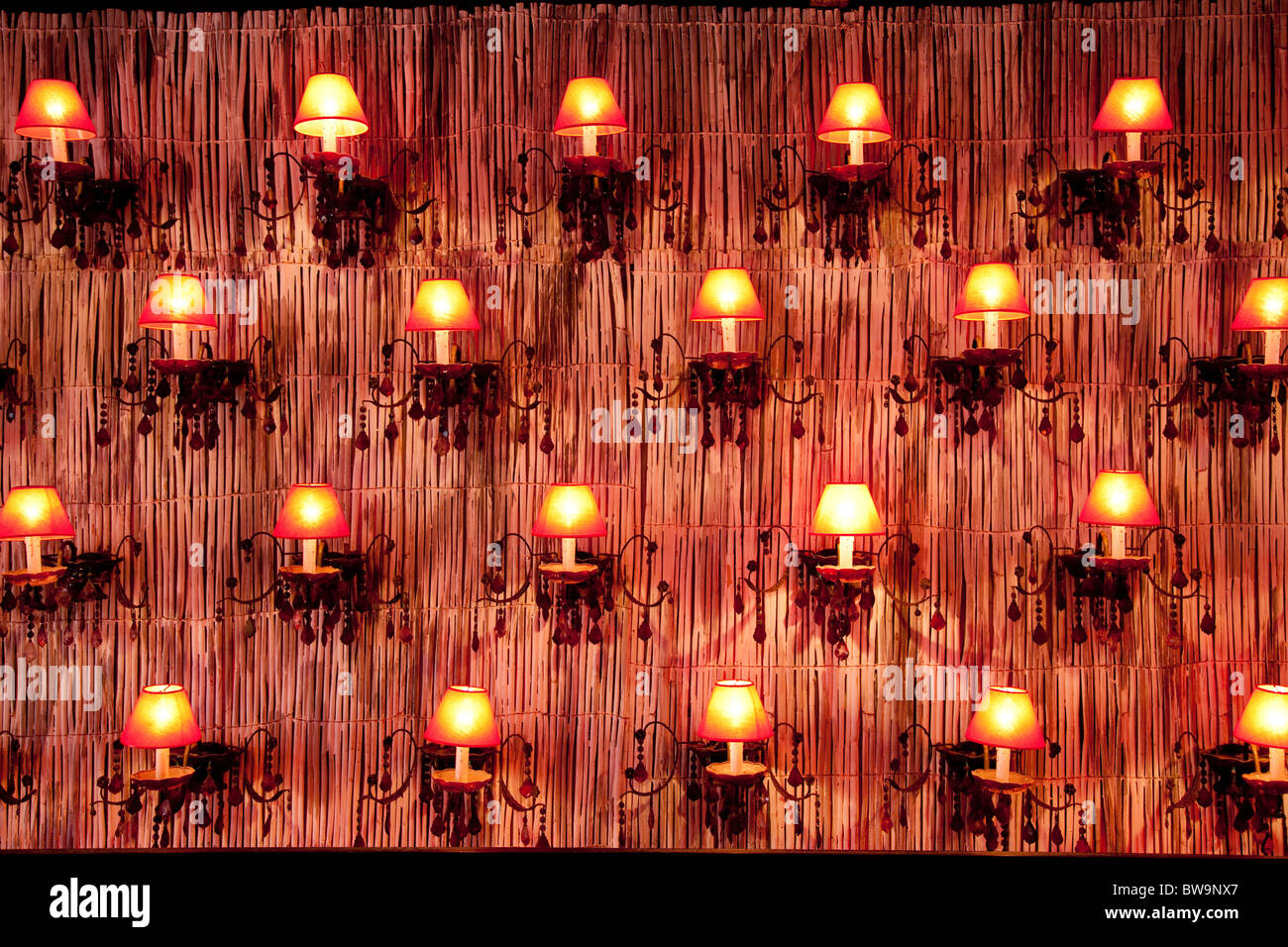 A wall of decorative lights in a seaside restaurant on the Corniche in Casablanca, Morocco. Stock Photo