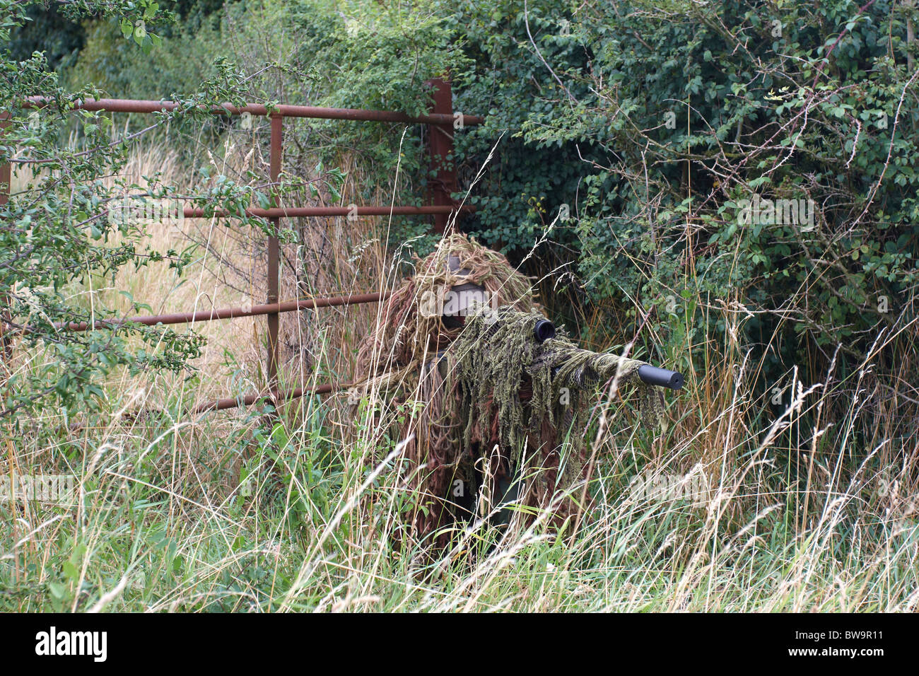 Camouflaged woman sniper in ghillie suit posing with rifle in foggy night.  Special Weapons and Woman Concept Stock Photo - Alamy