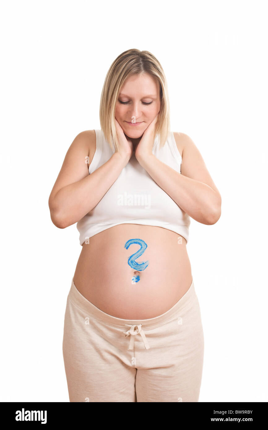 the pregnant women with question mark on her belly Stock Photo
