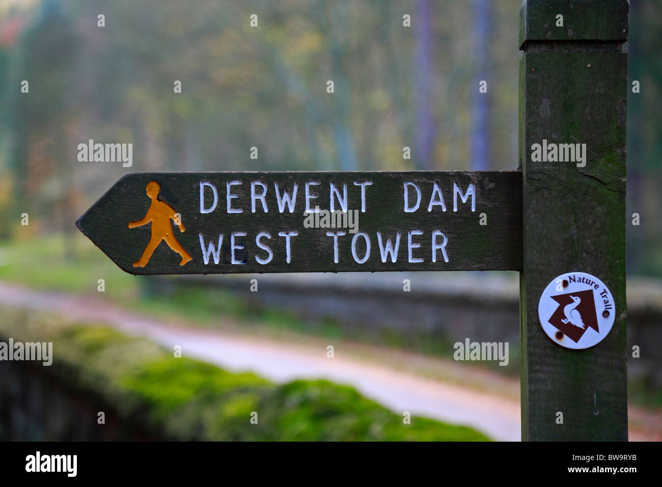 Derwent Dam West Tower signpost, Upper Derwent Valley, Peak District National Park, Derbyshire, England, UK. Stock Photo