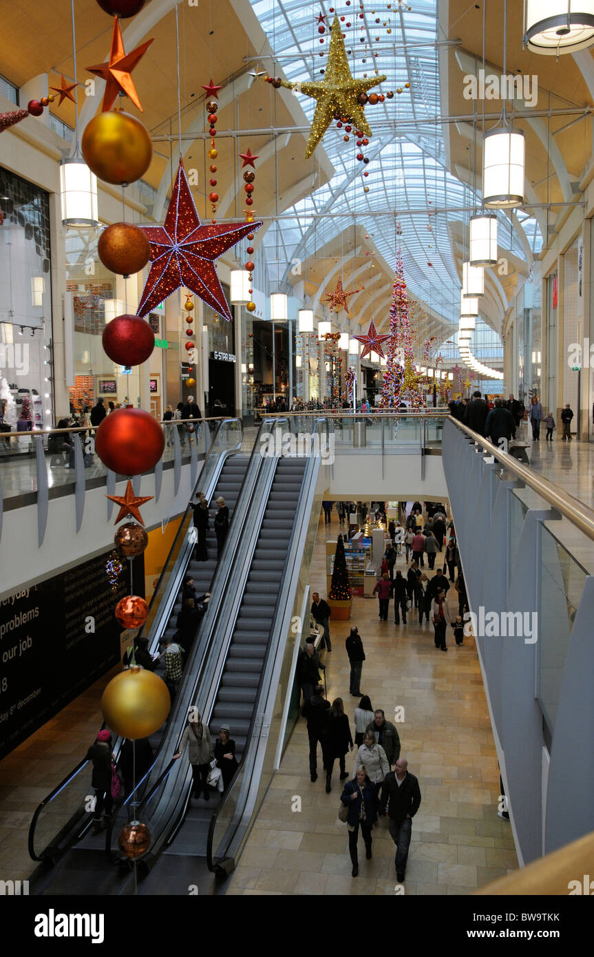 Illuminated festive Christmas decorations in the St David's shopping
