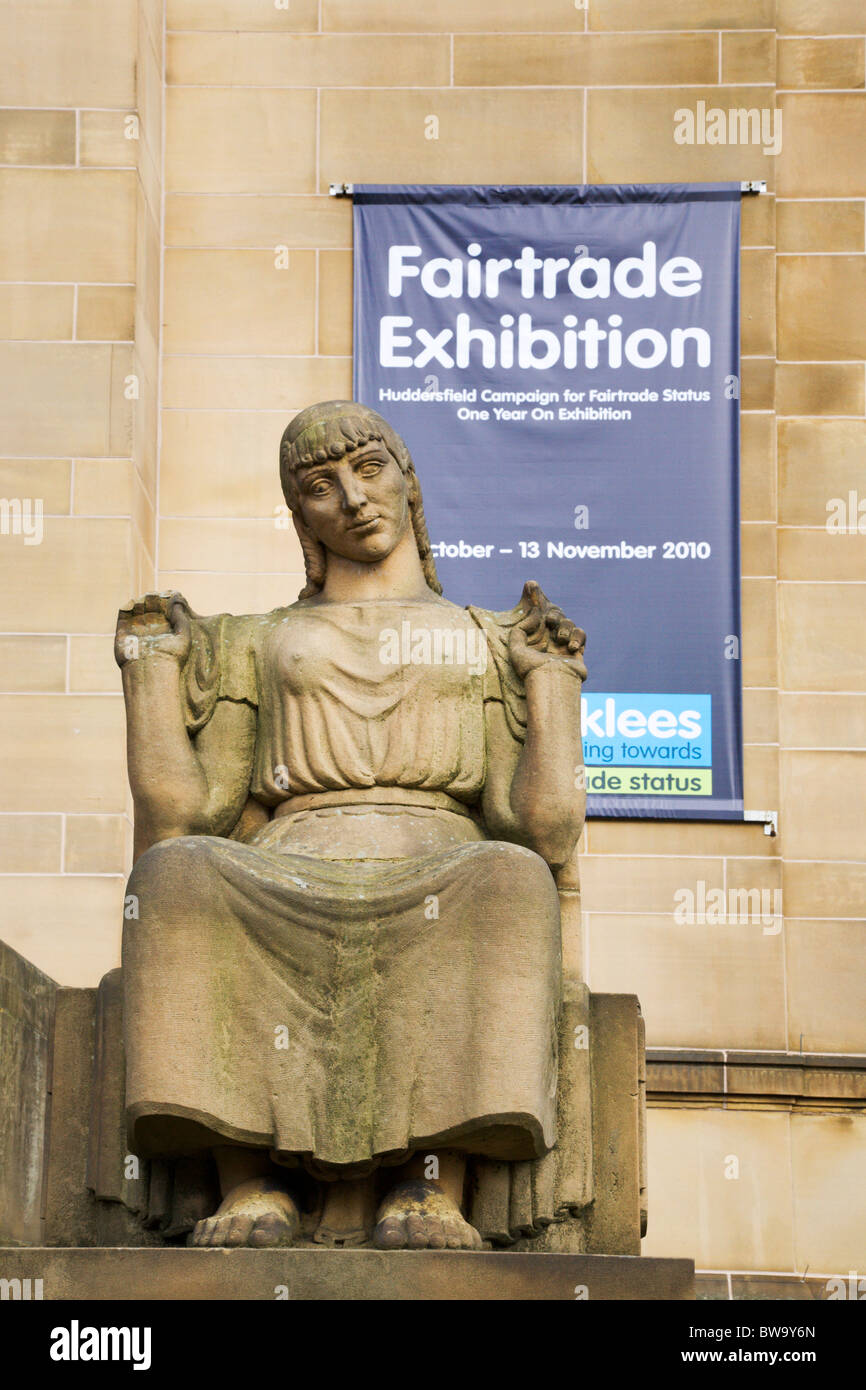Statue and Fairtrade Exhibition Banner Huddersfield West Yorkshire England Stock Photo