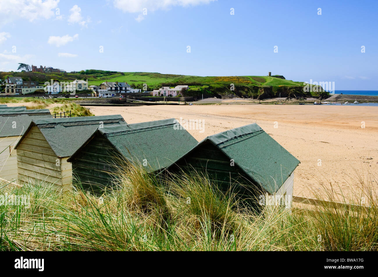 The beach huts at Summerleaze Beach, Bude, Cornwall, England Stock