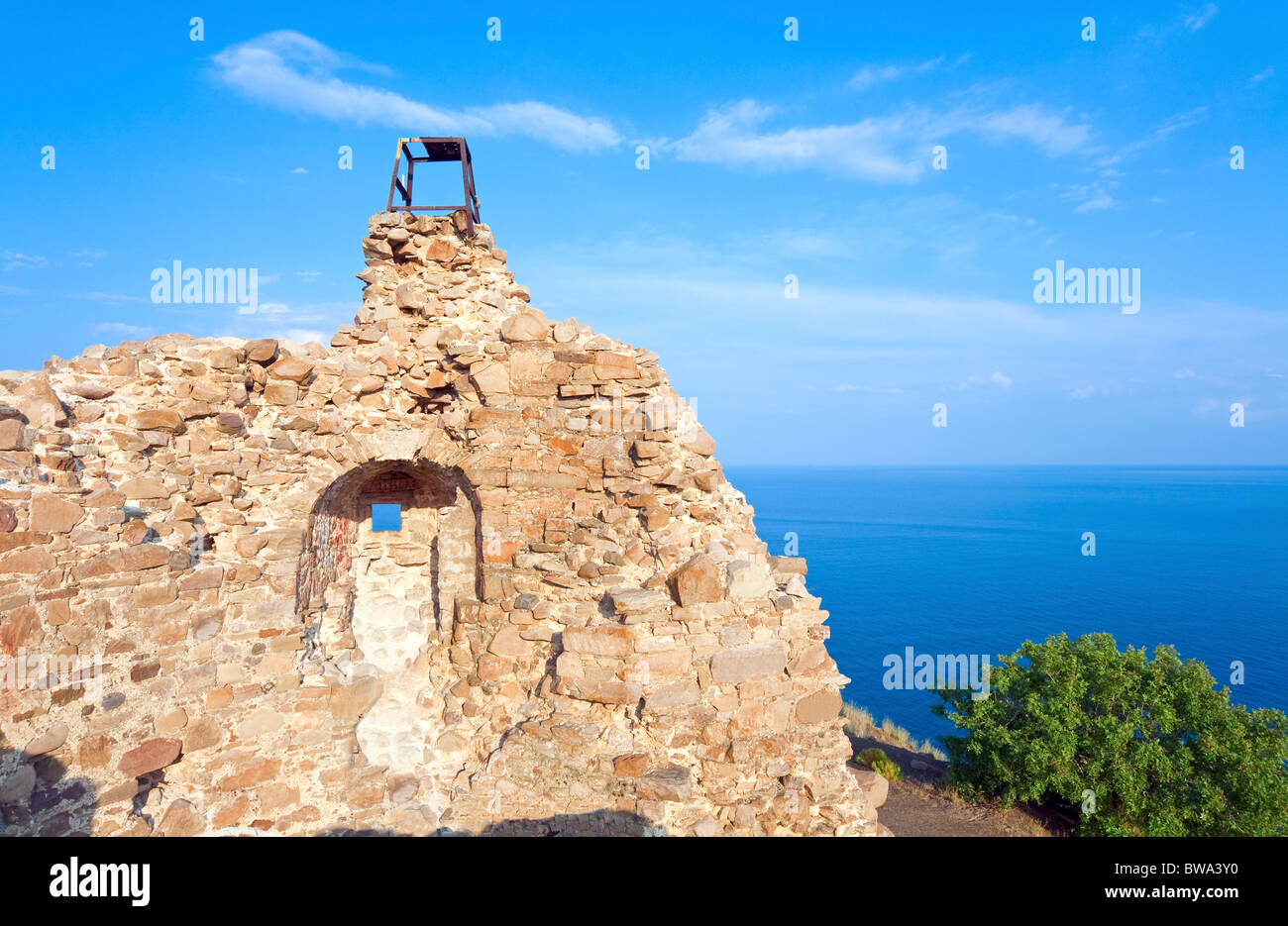 view from ancient watchtower Chaban-Kule (XIV – XV century) at sea surface (Zelenogorye village, Crimea, Ukraine) Stock Photo