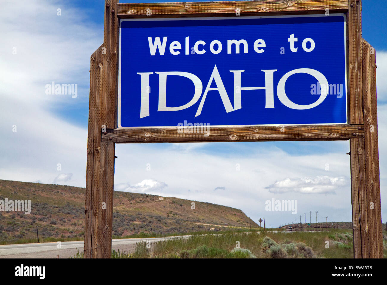 Welcome to Idaho road sign on U.S. Route 93 at Jackpot, Nevada, USA. Stock Photo