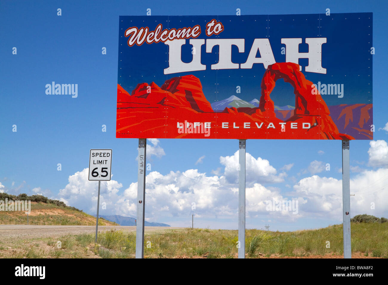 Welcome to Utah road sign along U.S. Route 491 east of Montecello, Utah, USA. Stock Photo