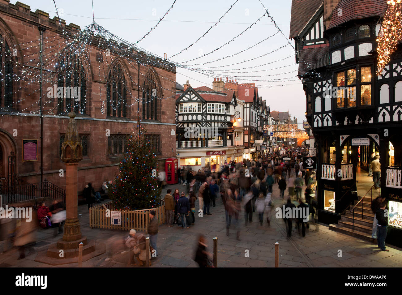 Christmas Lights Bridge Street at Night Chester Cheshire Stock Photo Christmas Lights Bridge Street at Night Chester Cheshire Stock Photo