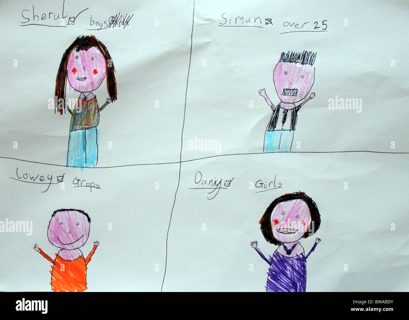 childs drawing of judges from X factor Cheryl Cole Simon Cowell Danny Minogue Louis Walsh Stock Photo