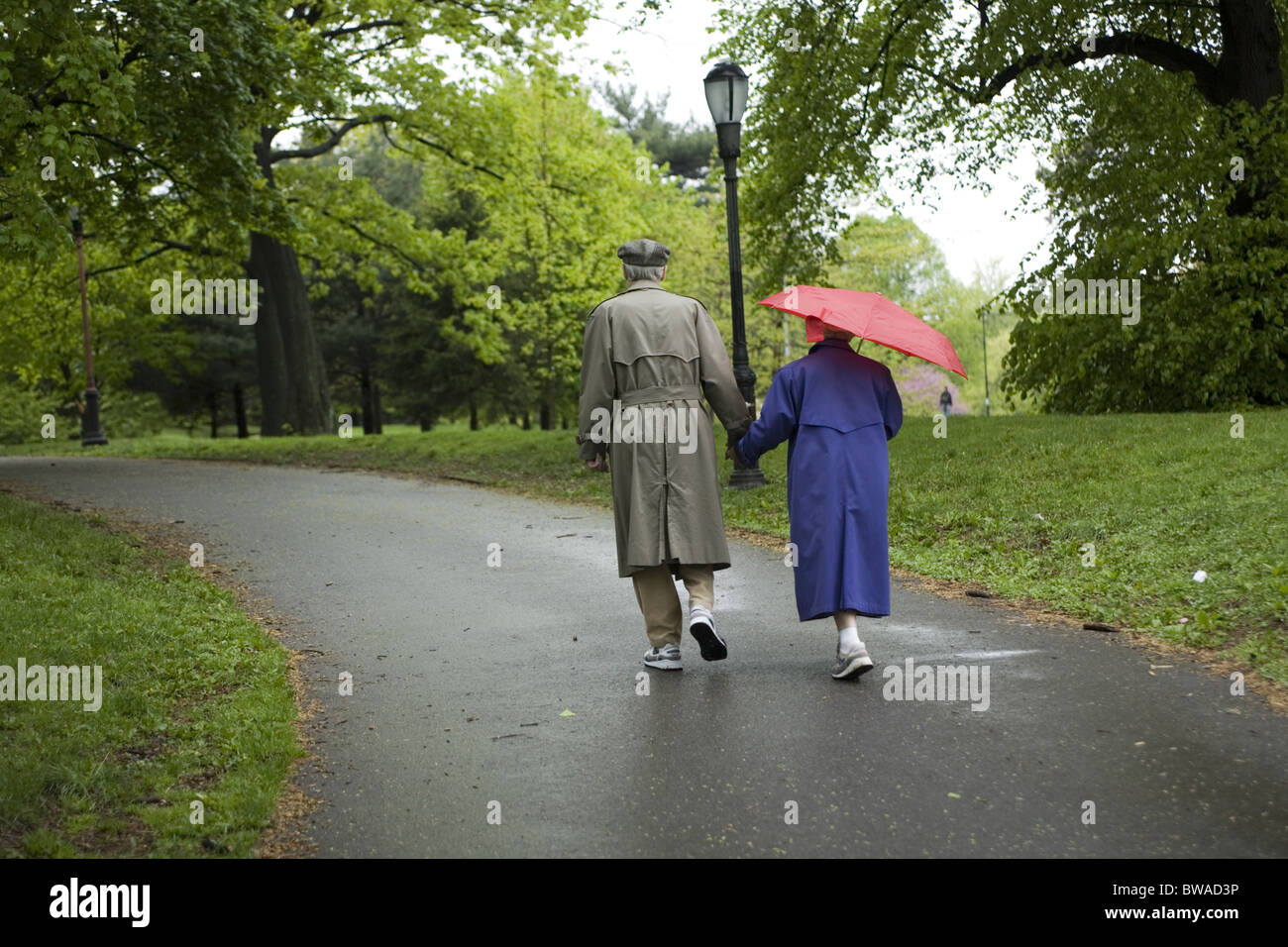 Old couple, hand in hand walk in Prospect Park on a rainy day in Brooklyn, New York. Stock Photo