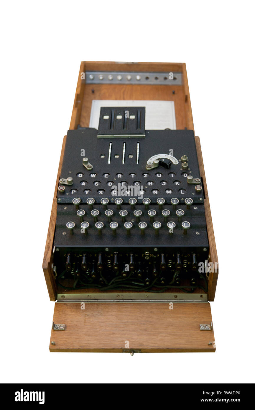 Part of a series of four images showing an Enigma decoding machine in it's original wooden box. Stock Photo